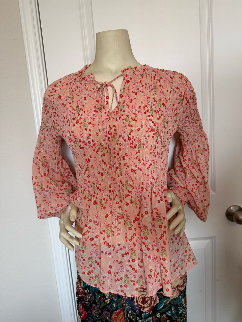 Rose + Olive Pale Pink Sheer Long Sleeve Ditsy Floral Print Peasant Blouse